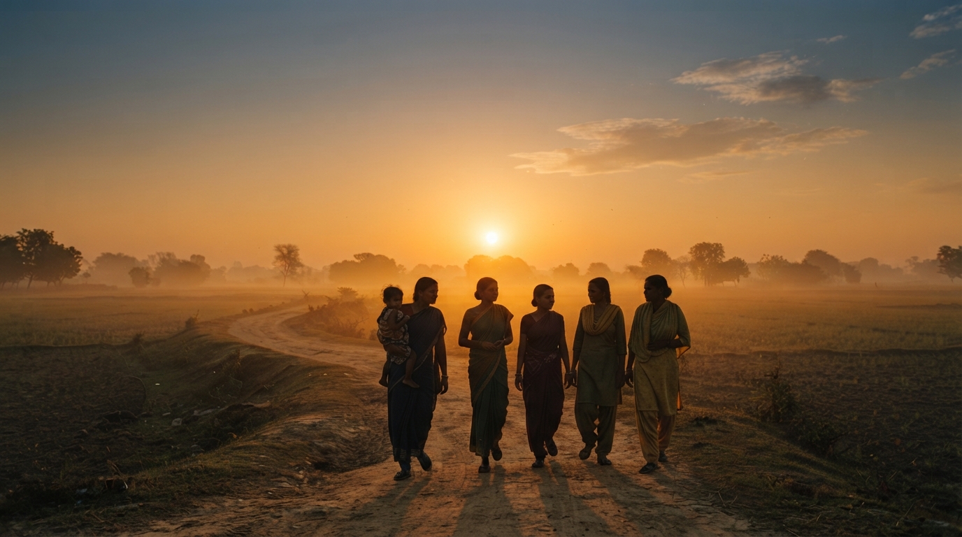 At dawn, rural women walk together along a village path toward a morning health camp, warm first light low on the horizon. Representative image.