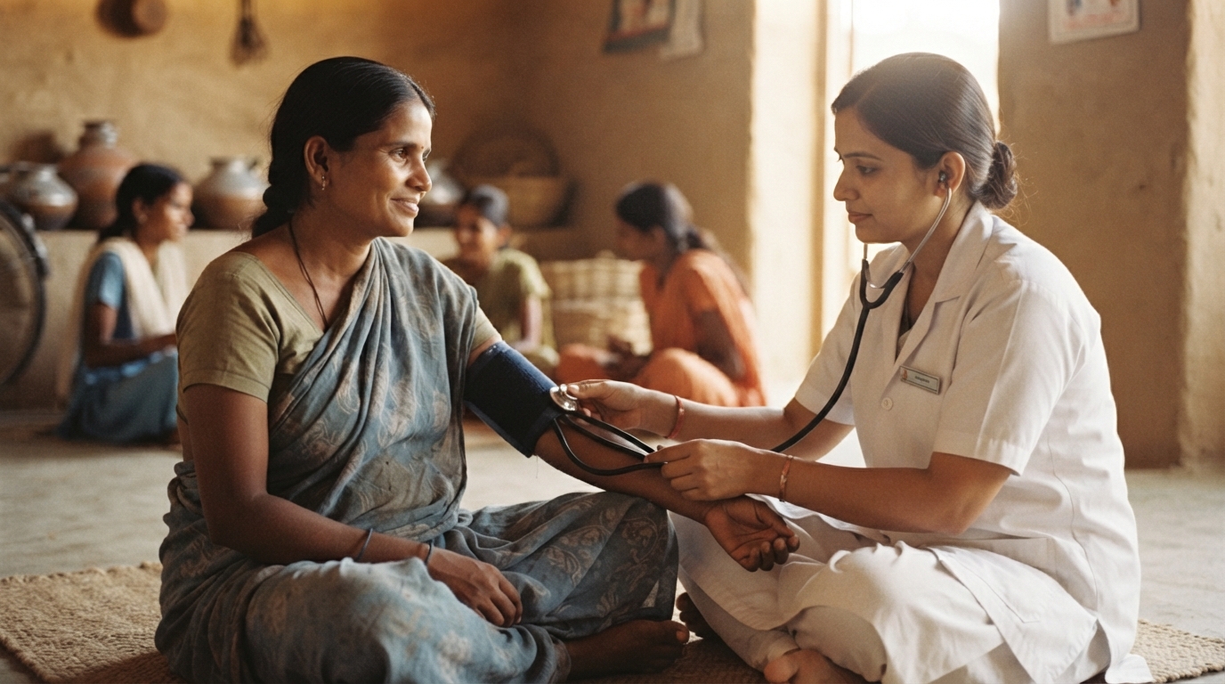 A pregnant woman having a calm antenatal check-up by a female nurse at a village health camp. Representative image.